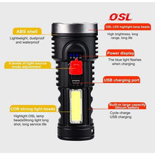 画像をギャラリービューアに読み込む, 懐中電灯 USB充電式サーチライト、屋外ポータブル OSLとCOBの明るい懐中電灯、防水 防災 地震 停電対策 自転車 ライト兼用、USBケーブル付きD012