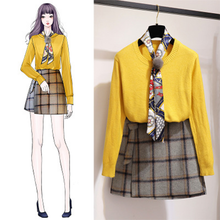 画像をギャラリービューアに読み込む, お進めコーデ無地シンプルラウンドネックセーター+チェック柄スカートセットアップ
