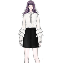 画像をギャラリービューアに読み込む, お進めコーデ長袖ラウンドネックリボン飾りシャツ+ボタン付きシンプルスカートセットアップ
