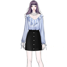 画像をギャラリービューアに読み込む, お進めコーデ長袖ラウンドネックリボン飾りシャツ+ボタン付きスカートセットアップ
