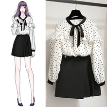 画像をギャラリービューアに読み込む, お進めコーデ長袖リボン飾り水玉ドット柄シャツ+上品合わせやすいスカートセットアップ
