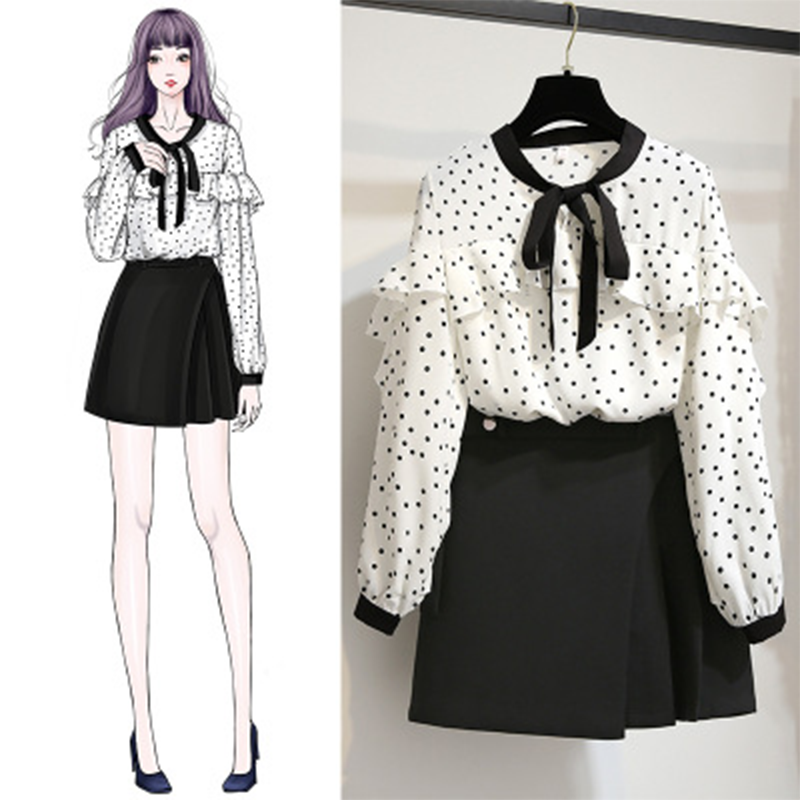 お進めコーデ長袖リボン飾り水玉ドット柄シャツ+上品合わせやすいスカートセットアップ