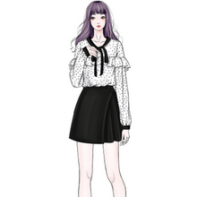 画像をギャラリービューアに読み込む, お進めコーデ長袖リボン飾り水玉ドット柄シャツ+上品合わせやすいスカートセットアップ
