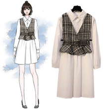 画像をギャラリービューアに読み込む, お進めコーデチェック柄シャネル風ベスト+POLOネック無地シンプル長袖ワンピース
