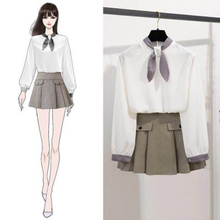 画像をギャラリービューアに読み込む, お進めコーデリボン飾り長袖ラウンドネックシャツ+ポケット付きプレートスカートセットアップ
