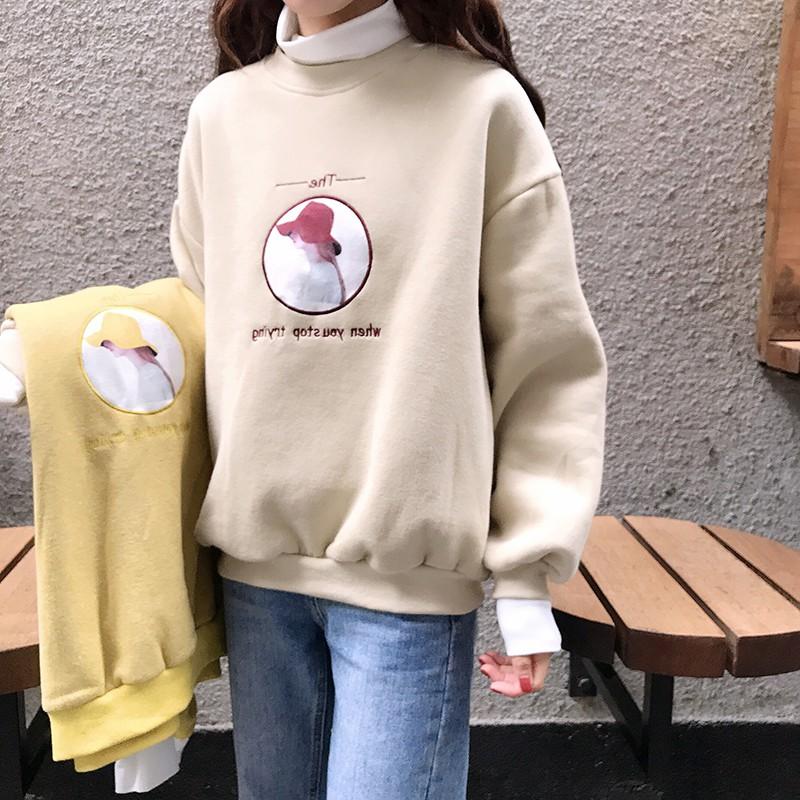着心地いいハイネック刺繍韓国風裏フリース付きスウィート上品パーカー