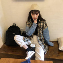 画像をギャラリービューアに読み込む, 春韓国風ルーズレトロ風チェック柄デニム切り替え学園風アウターシャツ
