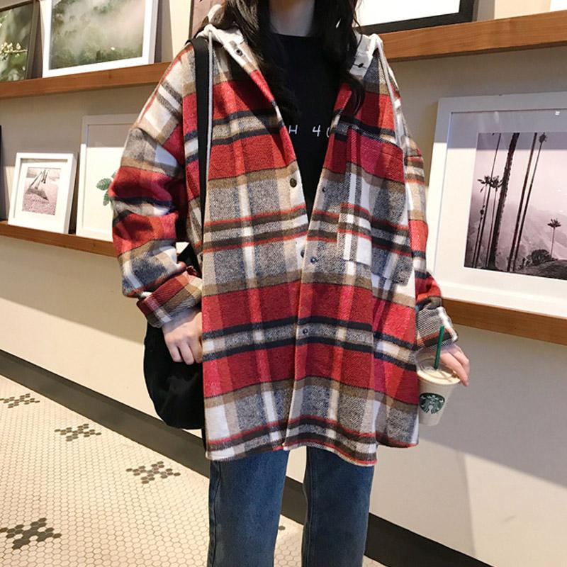 春新作韓国風ファッション切り替えチェック柄フード付きカジュアルジャケット