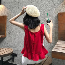 画像をギャラリービューアに読み込む, 春夏スクエアネック着心地いい肩出す袖無し着やせ蝶結び飾りベスト+ホワイトカジュアルパンツ
