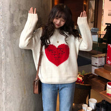 画像をギャラリービューアに読み込む, アルファベット刺繍ハート模様配色ラウンドネック長袖カジュアル可愛いセーター
